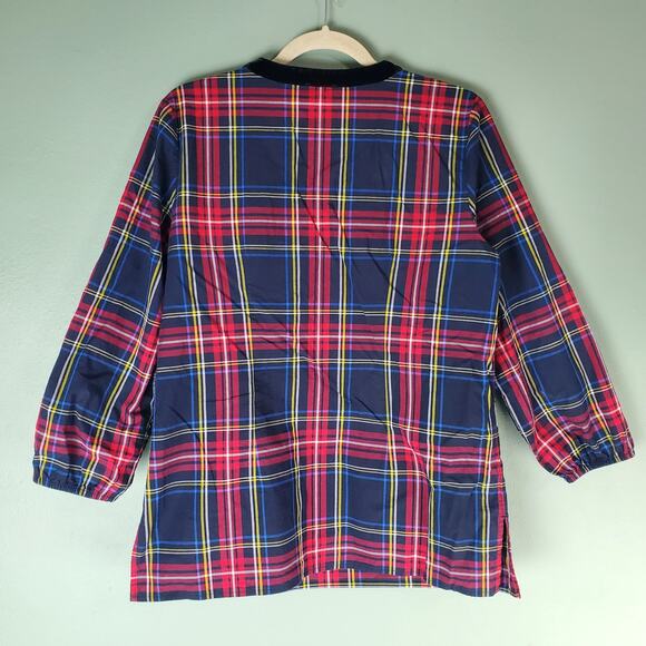 J Crew Tartan Plaid Stewart Classic Red Black Velvet Trim Top Blouse Size Medium - Picture 2 of 5